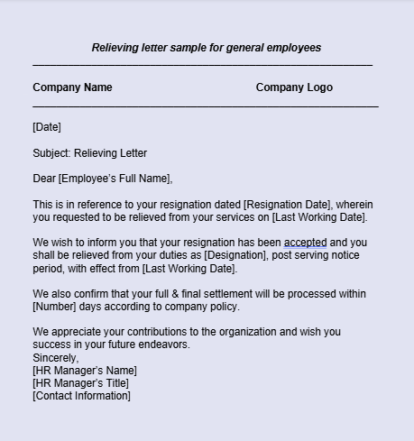 Relieving letter sample for general employees