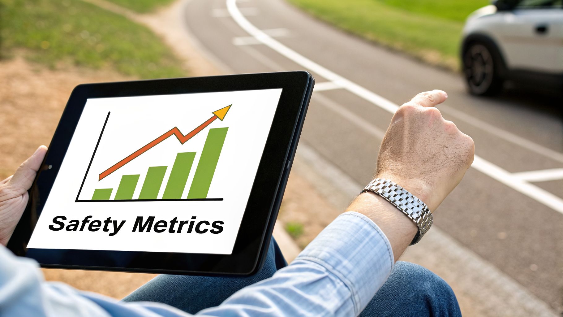 Person reviews 'Safety Metrics' on tablet, showing improvement, while pointing towards a road.
