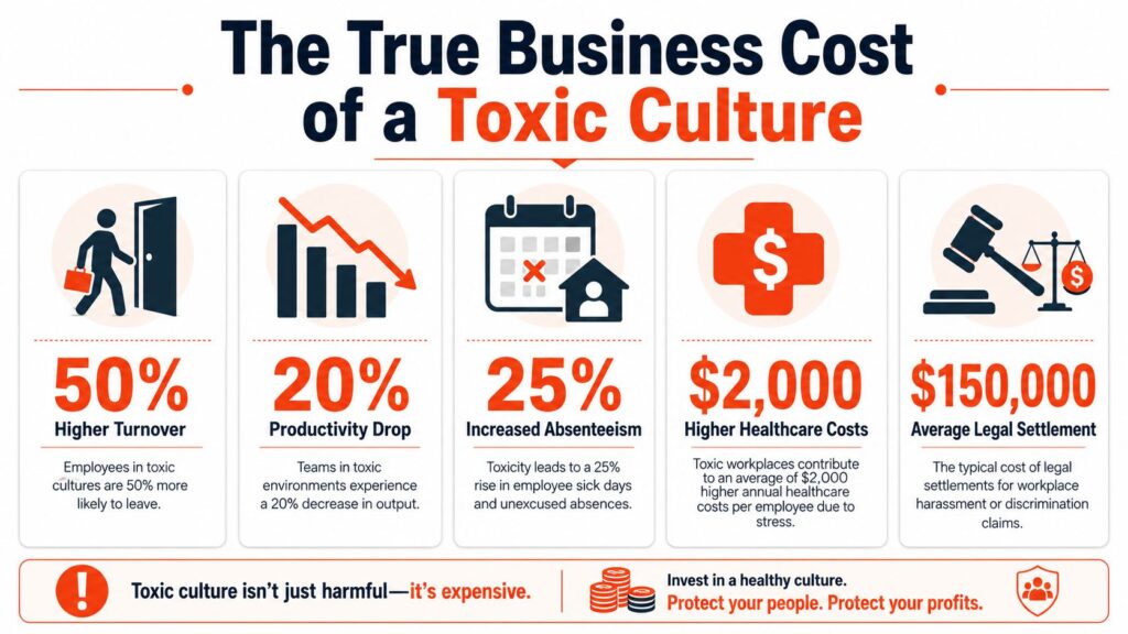 Infographic showing the business impact of a toxic workplace culture, including employee turnover, productivity loss, absenteeism, healthcare costs, and legal risks.