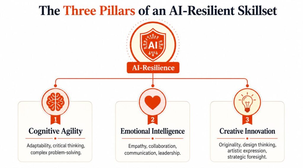 Infographic showing the three pillars of AI-resilient skills: critical thinking, emotional intelligence, and creative problem-solving.