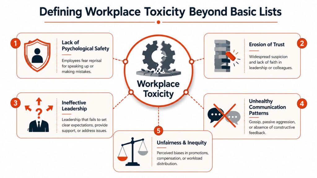 Infographic showing five key signs of workplace toxicity: lack of psychological safety, erosion of trust, ineffective leadership, unhealthy communication patterns, and unfairness in workplace decisions and opportunities.