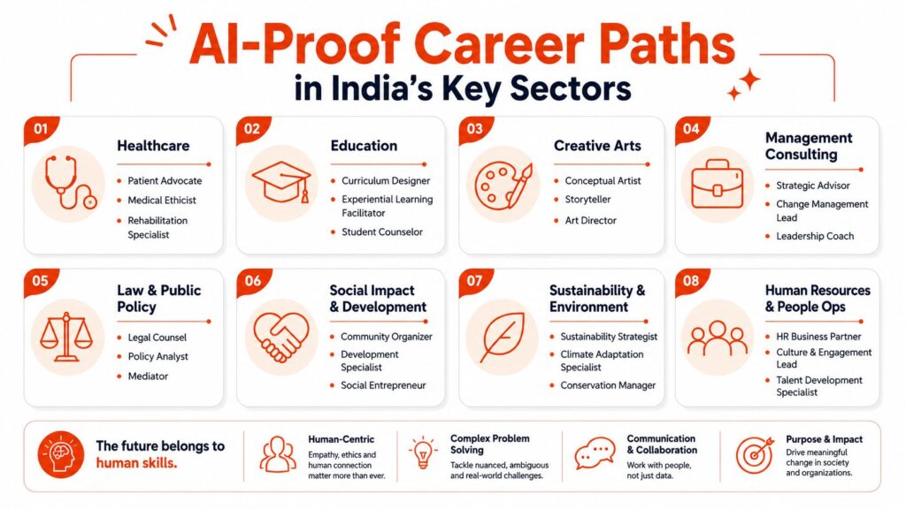 Infographic highlighting AI-proof career paths in India across healthcare, technology, compliance, manufacturing, engineering, and leadership roles.