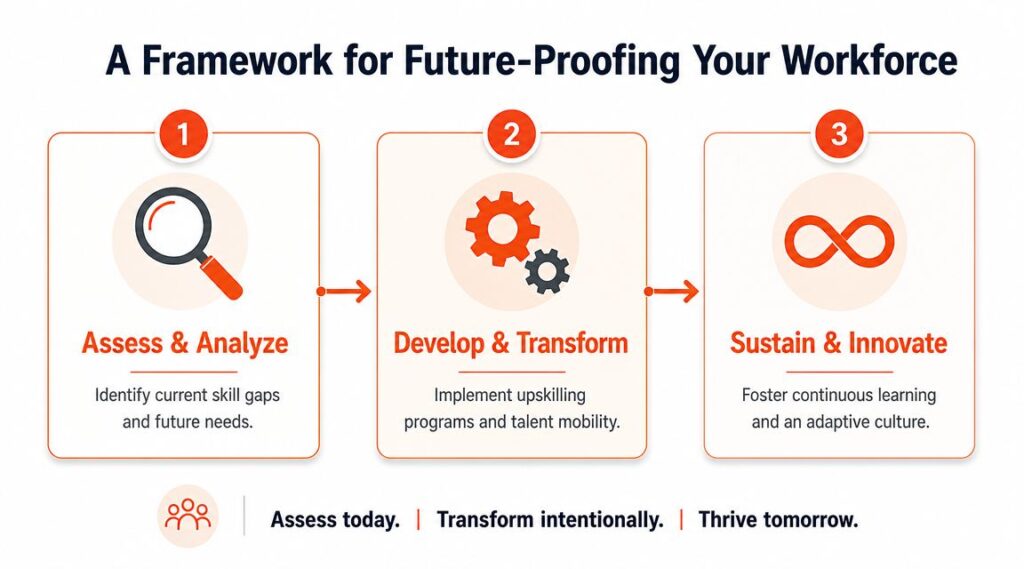 Three-step workforce transformation framework covering task assessment, skill development, and internal mobility for AI resilience.
