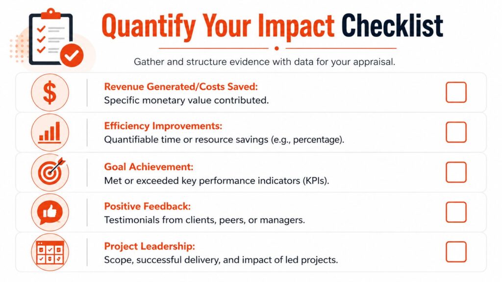 Checklist for preparing an appraisal discussion by documenting achievements, business impact, feedback, role expansion, and measurable performance outcomes.