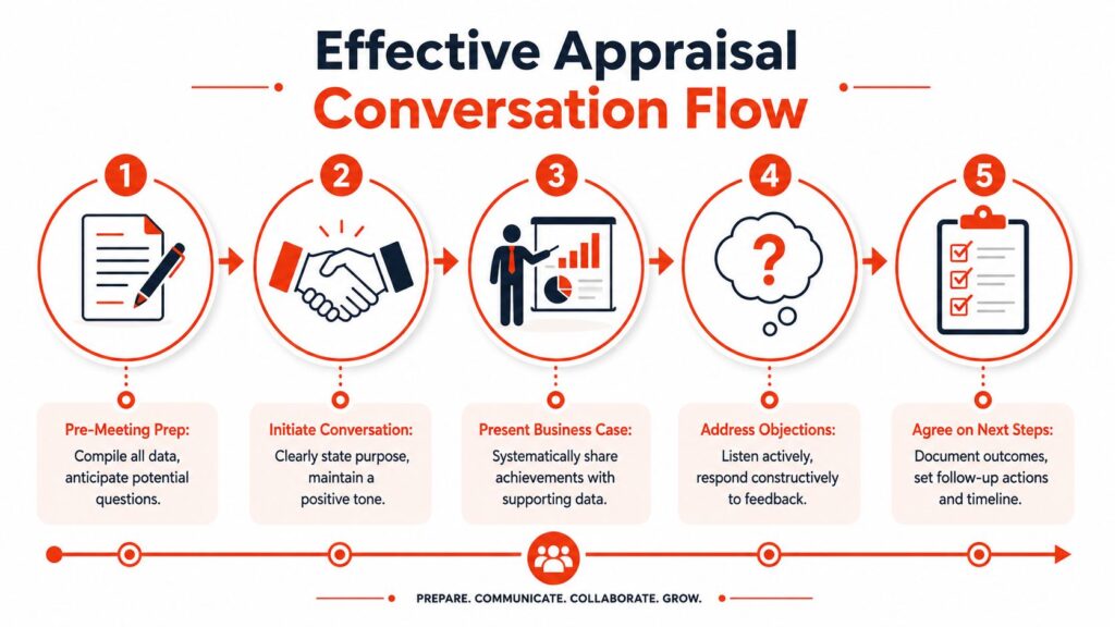 Five-step appraisal discussion framework showing how to structure performance review conversations, present achievements, and discuss career growth professionally.