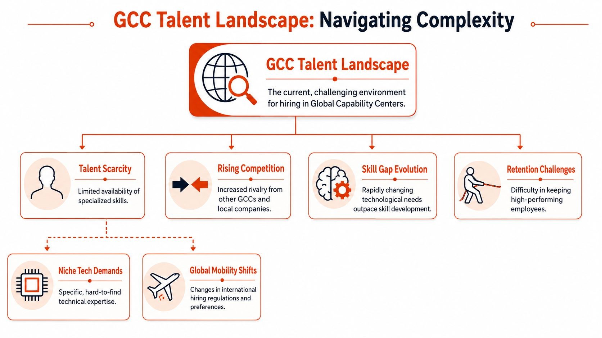 Infographic illustrating the GCC talent landscape in India, highlighting key hiring challenges including talent scarcity, rising competition, evolving skill gaps, retention issues, niche technology demand, and changing global workforce mobility trends.