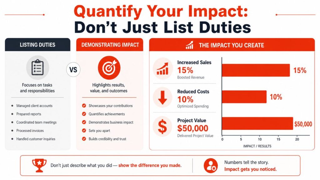 Infographic showing how to replace job duties with measurable achievements and quantifiable results on a resume.