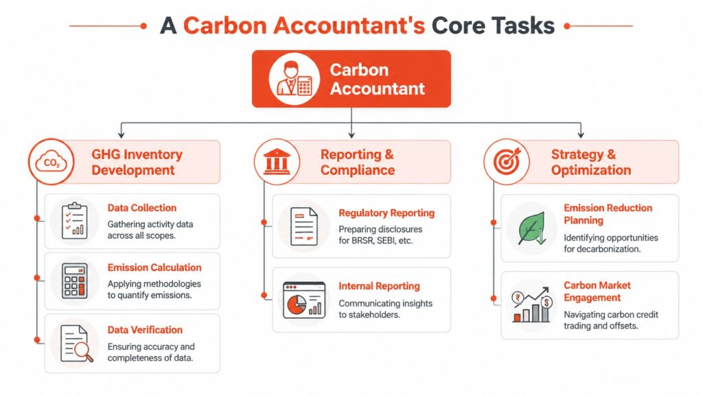 Diagram showing the core responsibilities of a carbon accountant, including emissions reporting, GHG inventory management, compliance, and carbon reduction planning.