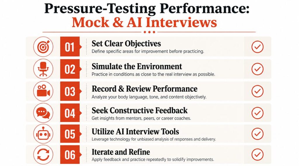 Infographic outlining six steps for mock and AI interview preparation, including setting objectives, simulating interview conditions, reviewing performance, gathering feedback, using AI tools, and refining responses through practice.