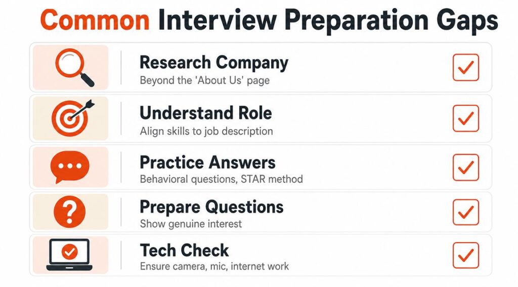 Infographic highlighting common interview preparation gaps for freshers, including researching the company, understanding the role, practicing answers, preparing questions, and conducting a technology check before interviews.