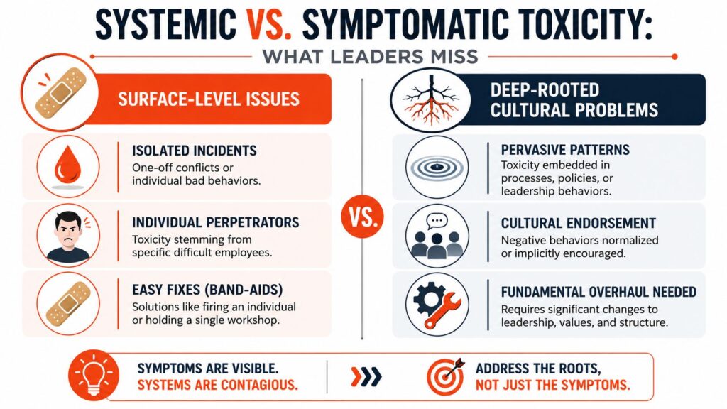 Infographic comparing systemic and symptomatic workplace toxicity. The graphic shows how surface-level issues such as isolated incidents, difficult employees, and quick fixes differ from deep-rooted cultural problems embedded in processes, leadership behaviors, and organizational norms.