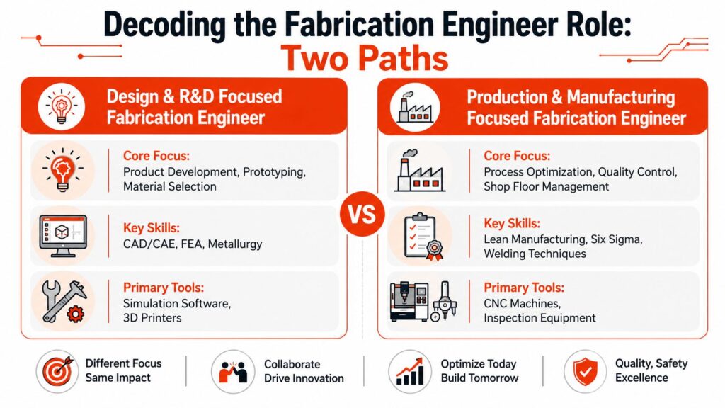 Fabrication engineer career paths infographic comparing design and R&D focused engineers with production and manufacturing focused engineers, highlighting CAD, FEA, process optimization, quality control, CNC machining, and metallurgy.