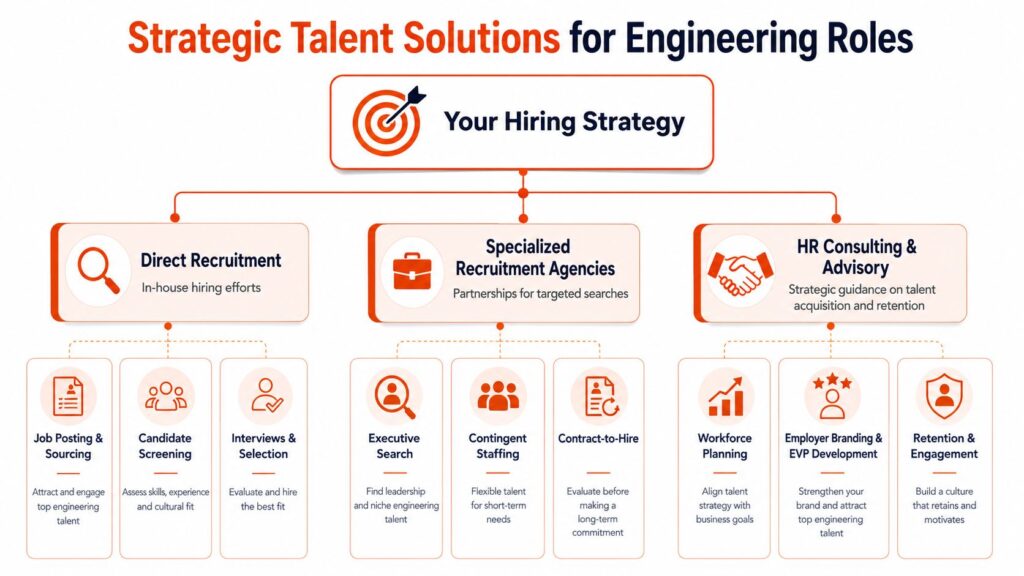 Engineering recruitment strategy infographic comparing direct recruitment, specialized recruitment agencies, and HR consulting services, covering executive search, workforce planning, employer branding, contingent staffing, contract-to-hire, and talent acquisition.