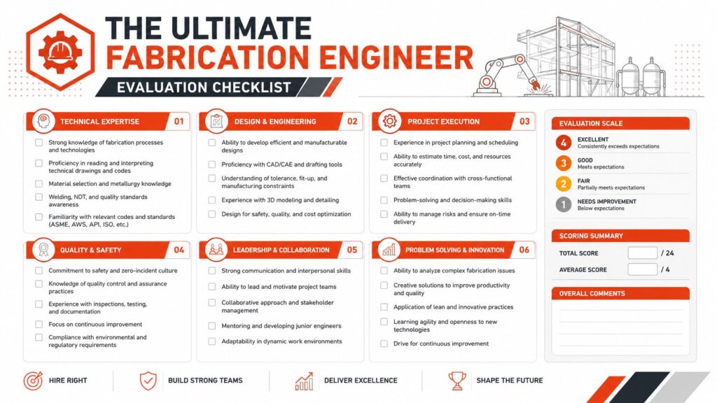 Fabrication engineer evaluation checklist covering technical expertise, design engineering, project execution, quality assurance, leadership, problem solving, safety compliance, CAD proficiency, manufacturing processes, and engineering candidate assessment criteria.