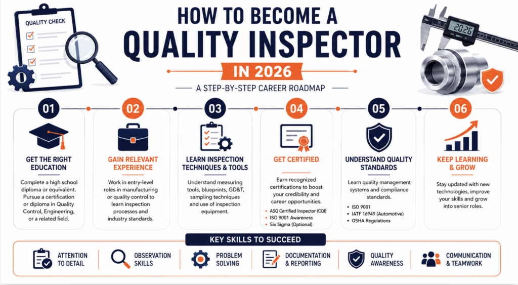 Quality Inspector career roadmap infographic covering education, inspection skills, quality control experience, certifications, and compliance knowledge.
