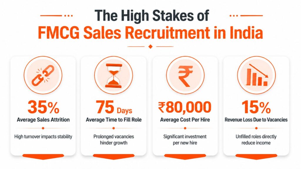 Infographic on FMCG sales recruitment in India highlighting key hiring challenges: 35% sales attrition, 75-day average time-to-fill, ₹80,000 cost per hire, and 15% revenue loss caused by territory vacancies.