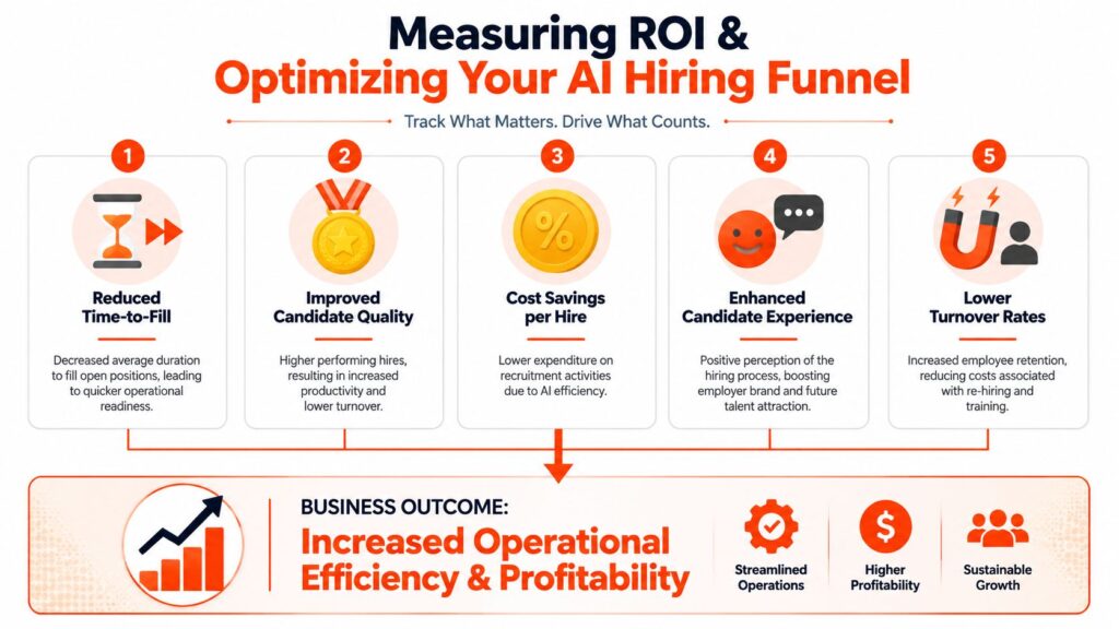Infographic highlighting recruitment ROI metrics including reduced time-to-fill, improved candidate quality, lower hiring costs, enhanced candidate experience, and reduced turnover to drive operational efficiency and growth.