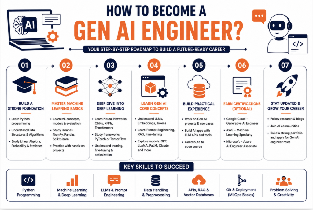 How to Become a Gen AI Engineer infographic covering machine learning, LLMs, AI development skills, certifications, and career growth.