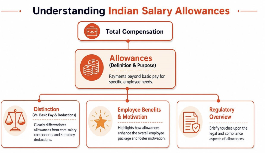 Understanding Indian Salary Allowances infographic explaining total compensation, employee allowances, salary structure components, employee benefits, payroll compliance, and the distinction between allowances, basic pay, and statutory deductions in India.