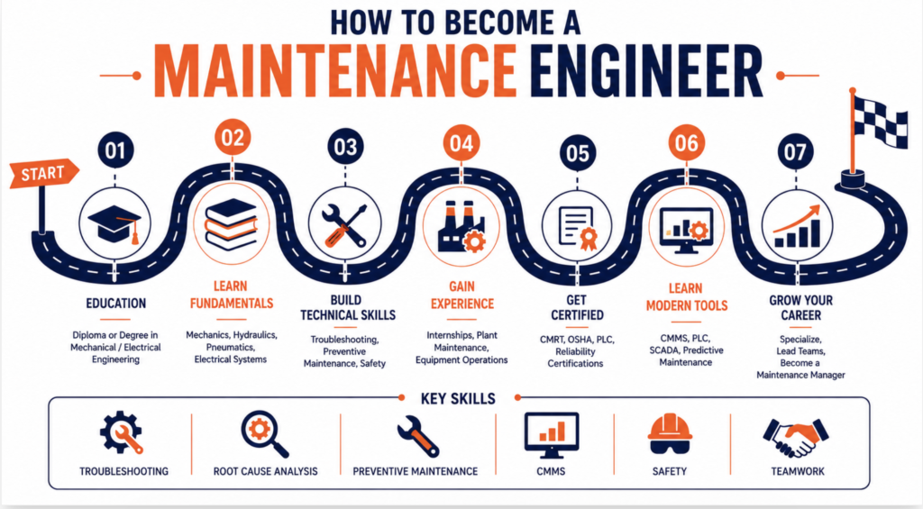 How to Become a Maintenance Engineer infographic featuring a roadmap covering engineering education, technical skills, maintenance experience, certifications, modern tools like CMMS and PLC, career growth, and essential maintenance engineering competencies.