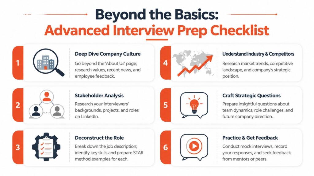Advanced interview preparation checklist infographic covering company culture research, stakeholder analysis, role breakdown, industry research, strategic interview questions, and mock interview practice for job seekers.