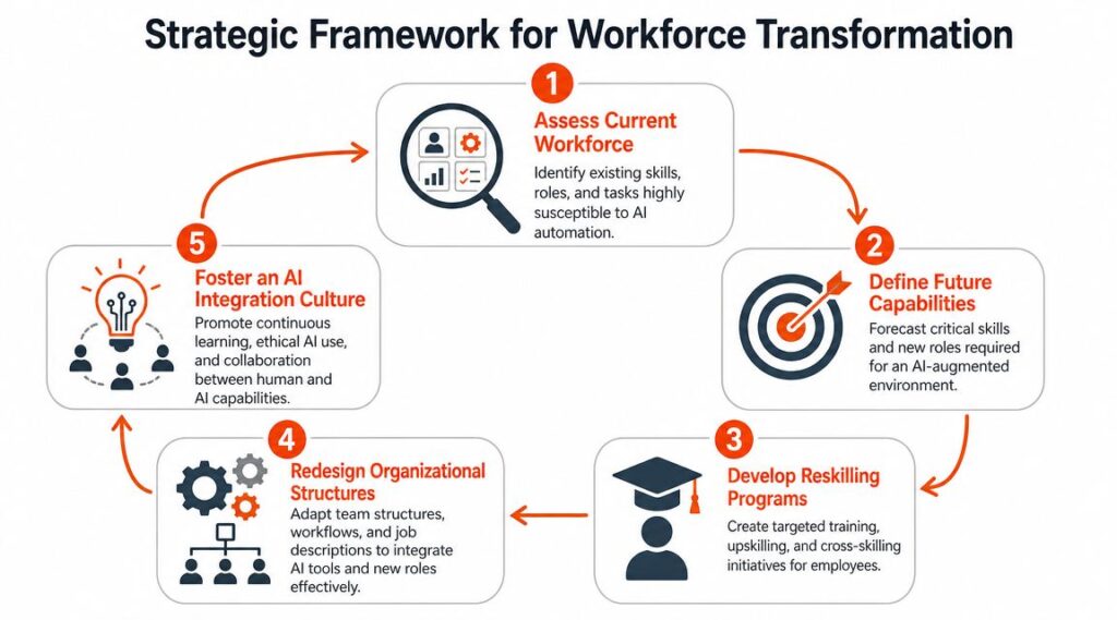Five-step framework for AI workforce transformation, covering task analysis, reskilling, role redesign, human-AI collaboration, and change management.