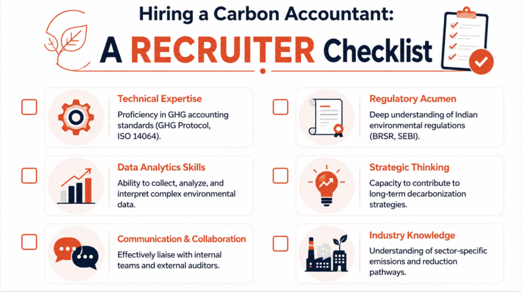 Infographic showing key skills required to hire a carbon accountant, including GHG accounting, BRSR compliance, data analytics, communication, and decarbonization strategy.