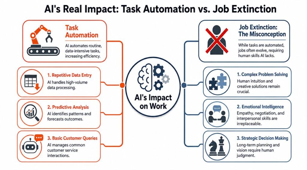 Infographic explaining the difference between AI task automation and complete job replacement, showing how AI automates specific activities while humans retain judgement, oversight, and decision-making responsibilities.