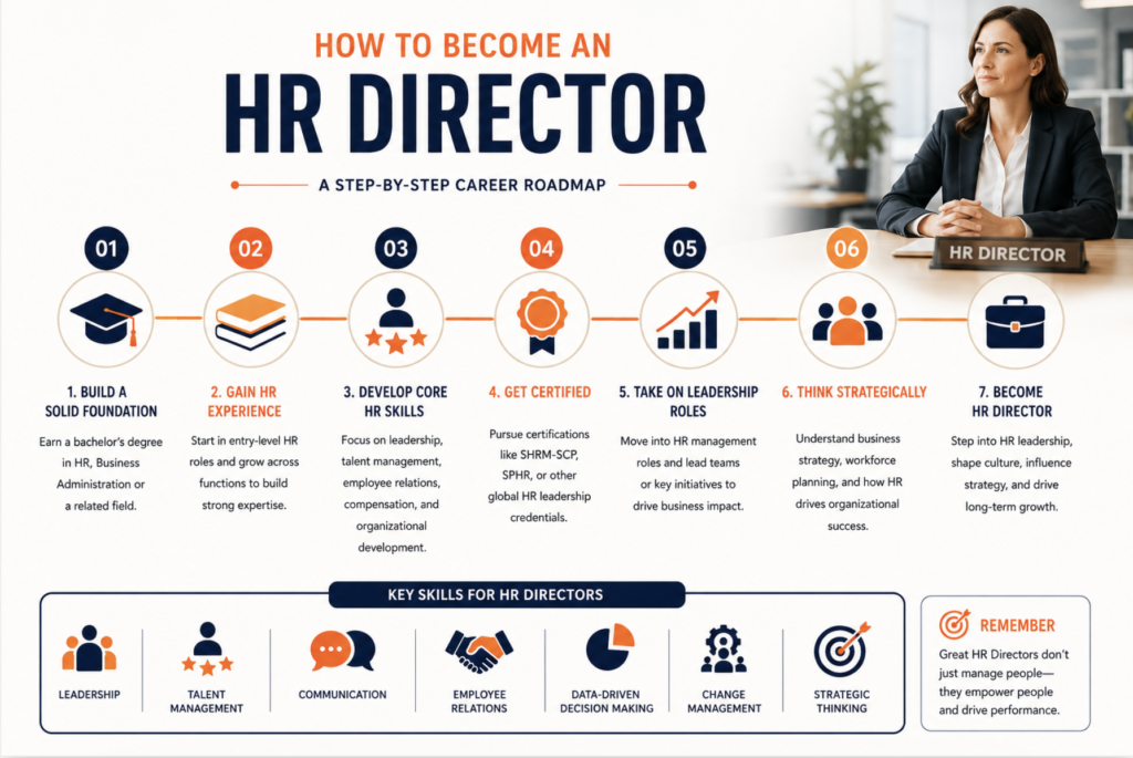 How to Become an HR Director infographic showing a career roadmap covering HR education, leadership experience, certifications, strategic HR skills, talent management, and executive-level career progression.