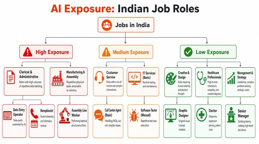 AI exposure in Indian job roles infographic showing high, medium, and low-risk occupations based on their likelihood of automation and AI disruption.